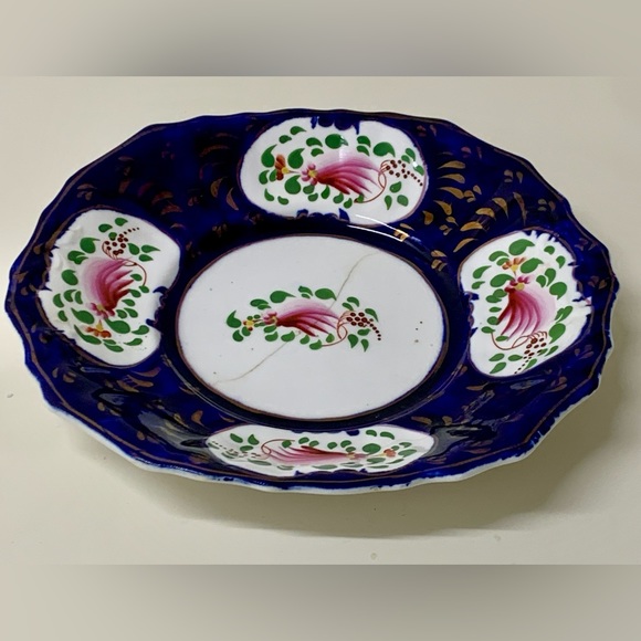 19th Century Vintage Gaudy Welsh Feather Pattern Square Scalloped Plate - Picture 2 of 11